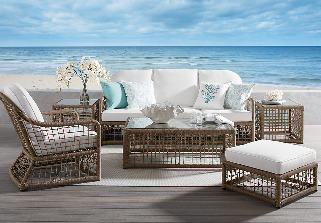 Ethan Alllen Collection — outdoor white cushioned furniture with wide-weave construction