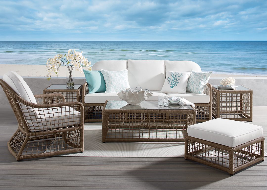 Ethan Alllen Collection — outdoor white cushioned furniture with wide-weave construction