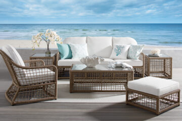 Ethan Alllen Collection — outdoor white cushioned furniture with wide-weave construction