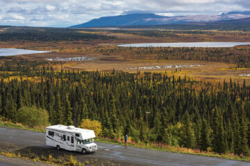 Rv, motorhome on the roads of Alaska. Denali highway. Nature