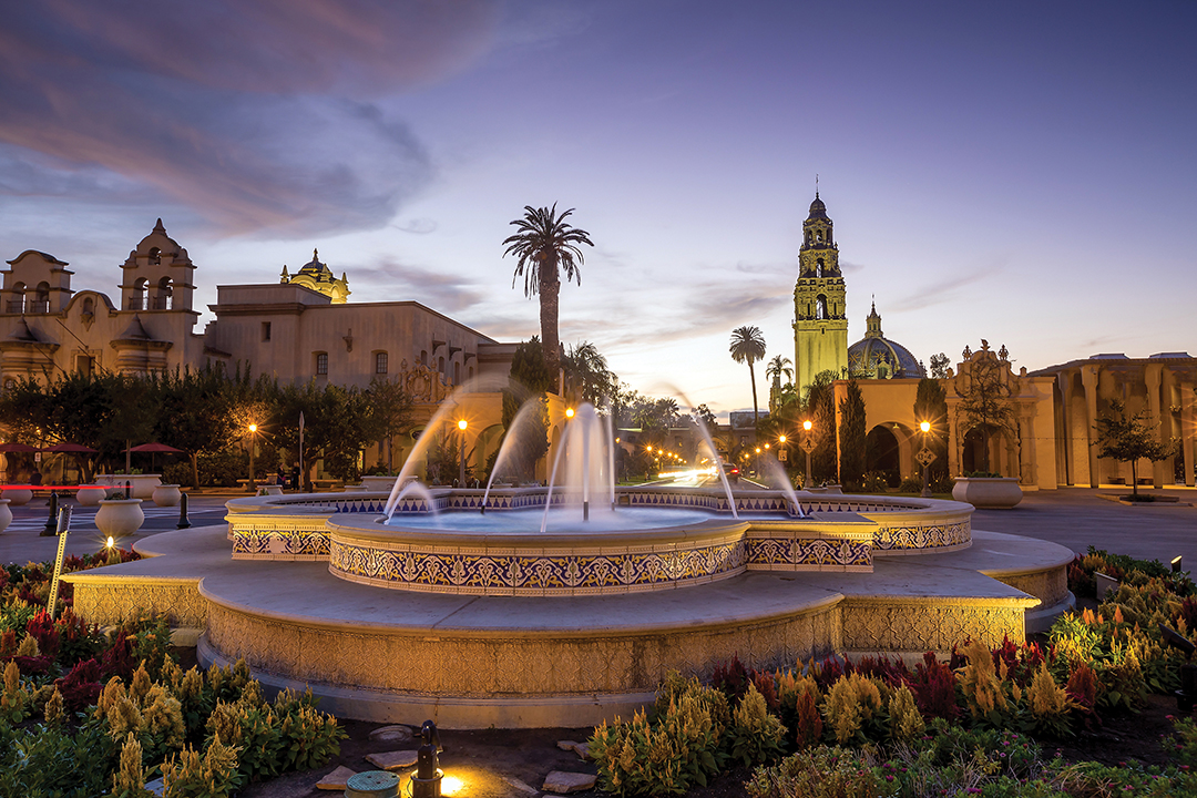 Fountain at Balboa Park at twilight