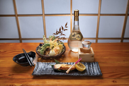 Shimbashi Izakaya’s Grilled Black Cod with Saikyo Miso and Assorted Tempura paired with Yumetsukiyo, Junmai Daiginjo sake