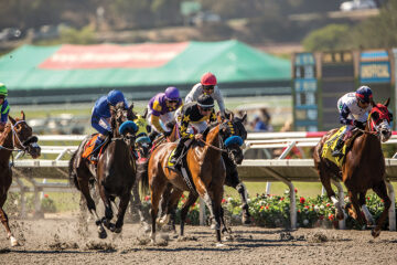 Horses racing at Del Mar Racetrack
