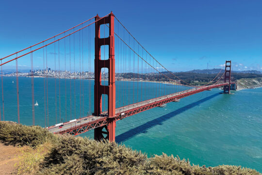 The Marin Headlands provide an up-close view of the north end of the Golden Gate Bridge