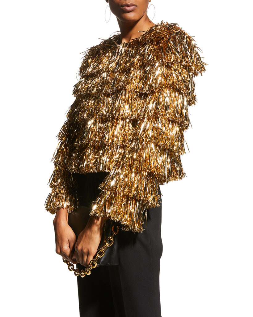 Tinsel isn’t just for Christmas trees. Trim yourself in a fringed tinsel jacket from Alice + Olivia, available at Neiman Marcus Fashion Valley