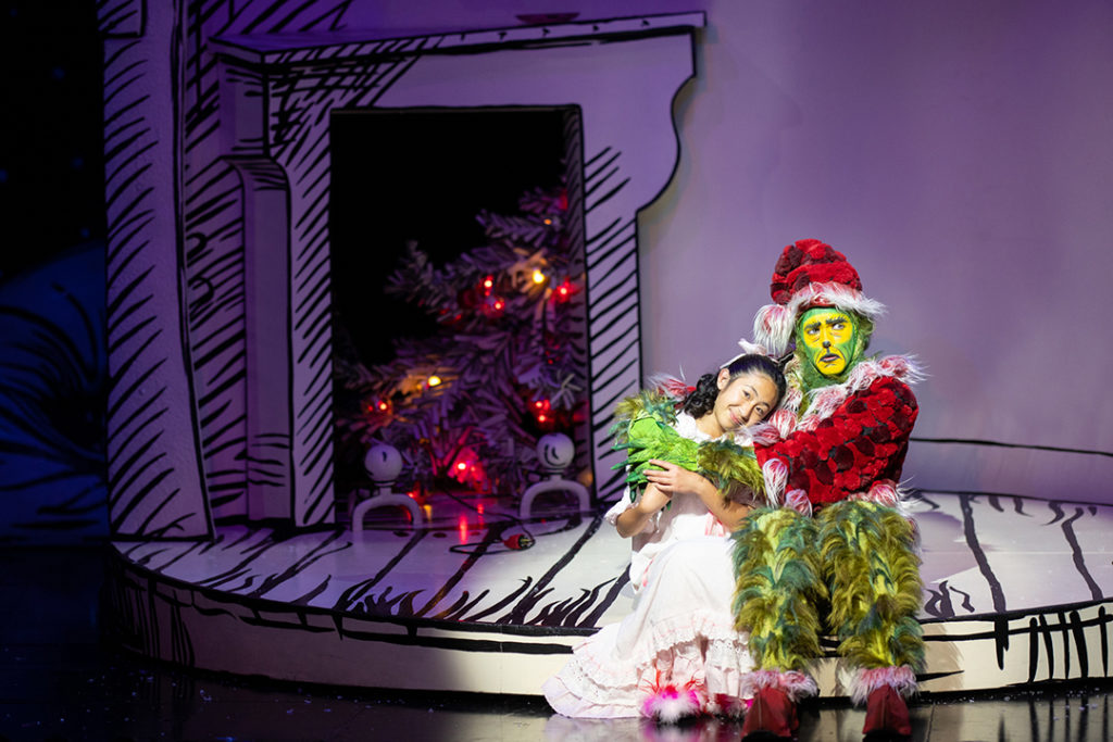 Sophia Adajar as Cindy-Lou Who and Andrew Polec as The Grinch in Dr. Seuss's How the Grinch Stole Christmas!