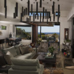 Dozens of pendant lights add a dramatic touch in the living room