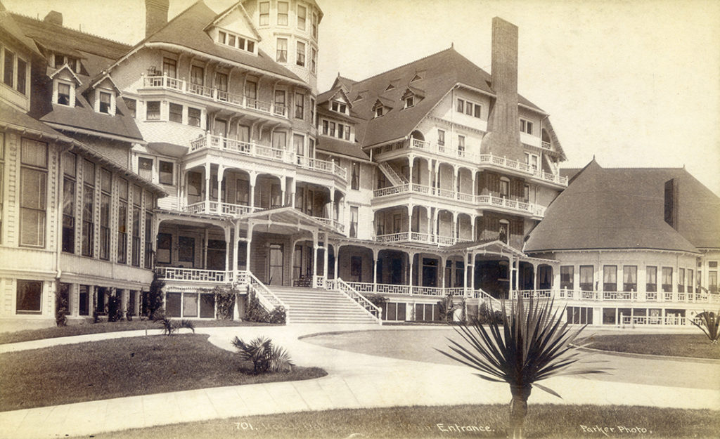 Historic exterior view of the Hotel del Coronado’s front entry and veranda when the hotel opened in 1888