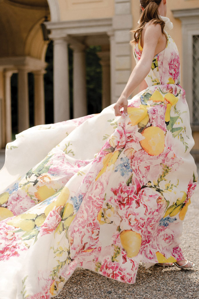 Be the belle of the ball in this floral and citrus-printed high-neck gazar gown from Monique Lhuillier’s flagship store at South Coast Plaza. 714. 241.4432
