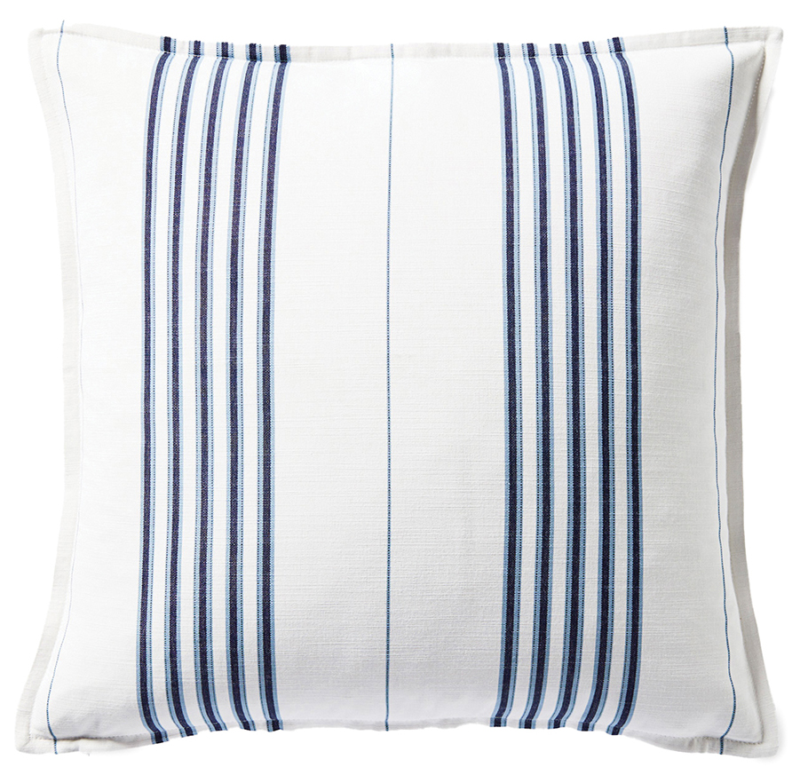 Outdoor pillows from Serena & Lily at One Paseo are covered in white/navy Perennial Lake Stripes