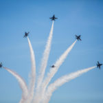 U.S. Navy Blue Angels perform aerobic maneuvers during the 2016 Marine Corps Air Station (MCAS) Miramar Air Show at MCAS Miramar, Calif., Sept. 24, 2016. The MCAS Miramar Air Show honors 100 years of the Marine Corps Reserves by showcasing aerial prowess of the Armed Forces and their appreciation of the civilian community’s support to the troops. (U.S. Marine Corps photo By Corporal Jessica Y. Lucio/Released)