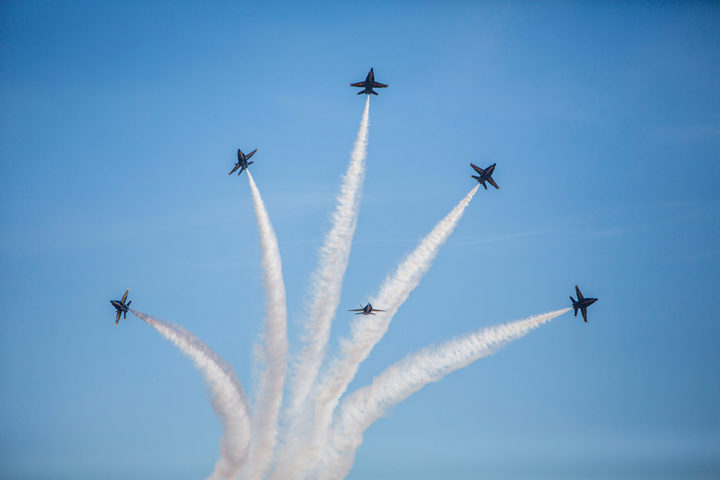 U.S. Navy Blue Angels perform aerobic maneuvers during the 2016 Marine Corps Air Station (MCAS) Miramar Air Show at MCAS Miramar, Calif., Sept. 24, 2016. The MCAS Miramar Air Show honors 100 years of the Marine Corps Reserves by showcasing aerial prowess of the Armed Forces and their appreciation of the civilian community’s support to the troops. (U.S. Marine Corps photo By Corporal Jessica Y. Lucio/Released)