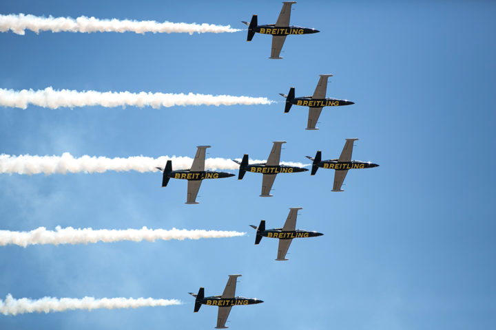 L-39C Albatross operated by The Breitling Jet Team, fly in precision formation during the 2016 Marine Corps Air Station (MCAS) Miramar Air Show at MCAS Miramar, Calif., Sept. 24, 2016. This year’s air show is dedicated to recognizing 100 years of the Marine Corps Reserves. (U.S. Marine Corps photo by Lance Cpl. Ariana Acosta/RELEASED)