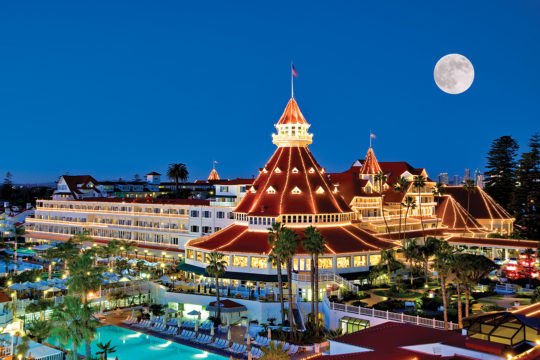 The Hotel del Coronado’s signature turrets are draped in thousands of sparkling lights