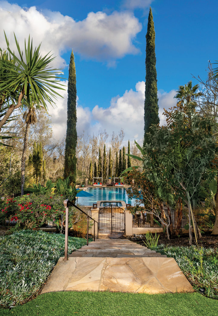 Gates lead to the swimming pool and spa, the setting for parties and yoga sessions. The expansive property also has tennis and pickleball courts. The McCarthys have added drought tolerant plants