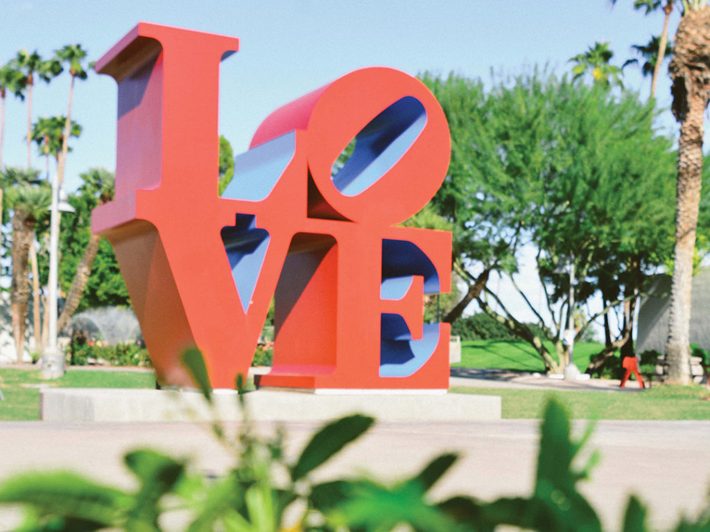Robert Indiana’s famous LOVE sculpture is one of many public artworks on display in Old Town Scottsdale