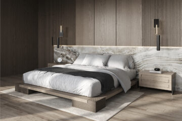 Stephanie Parisi, founder of Stephanie Parisi Studio, emphasizes wellness-based principles when designing furnishings and interiors for her clients. In this custom mid-century modern headboard, science and aesthetics are bridged with the beauty of natural stones and woods integrated with recessed circadian lighting