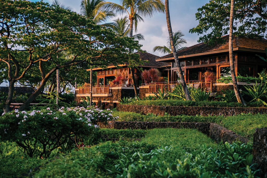 The open-air lobby provides a picturesque welcome to Hualalai