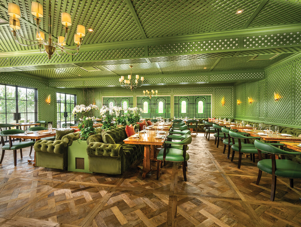 Lilian’s, the restaurant named after architect Lilian J. Rice, is an elegant spot featuring wood floors from France, green velvet banquettes, decorative treillage, and vintage sconces