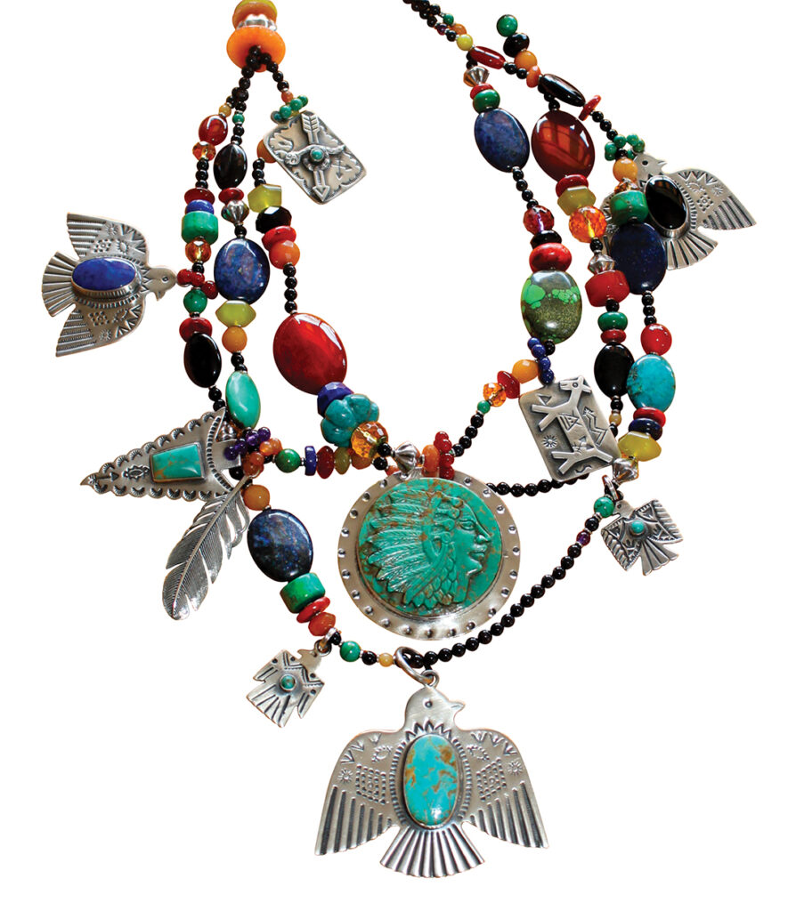 This handmade necklace from designer Kim Yubeta mixes antique and modern elements, fusing cultural influences with vibrant colors for a wearable piece of art. Available at Bazaar Del Mundo Shops in Old Town