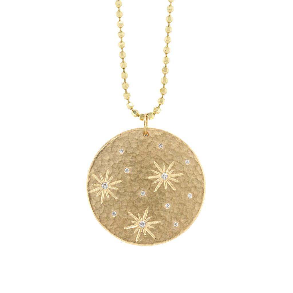 Designer Julez Bryant’s Cedros Design District gallery offers fine jewelry in 14k gold and precious gemstones. Case in point: “Solar,” a large 14k gold medallion scattered with white diamonds and three brilliant starbursts on a hammered, satin finish