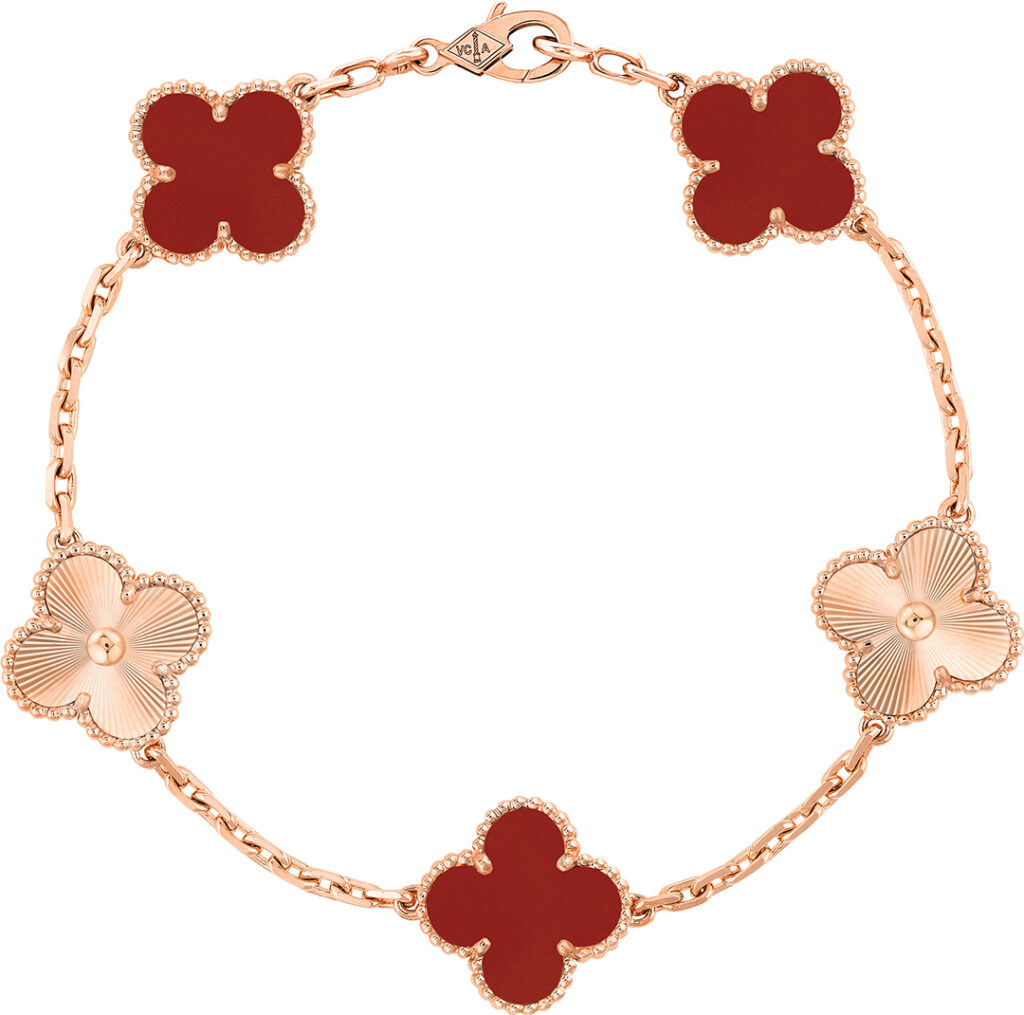 The Vintage Alhambra five-motif bracelet from the new Van Cleef & Arpels boutique at South Coast Plaza draws inspiration from the four-leaf clover and features Guilloché rose gold and carnelian set in 18k rose gold