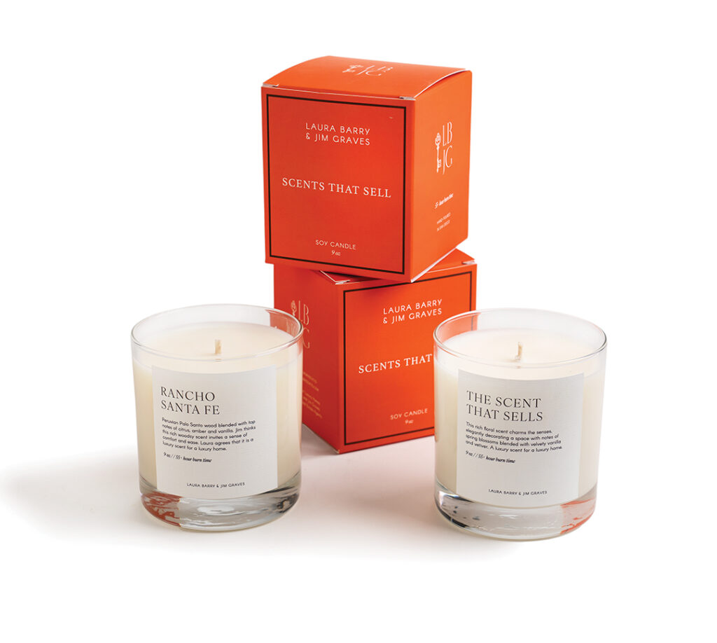 ↑ Fill your holiday home with “a woodsy scent that invites a sense of comfort and ease,” according to the real estate duo of Laura Barry and Jim Graves. Their Scent that Sells soy candle is made of Peruvian Palo Santo wood blended with top notes of citrus, amber, and vanilla