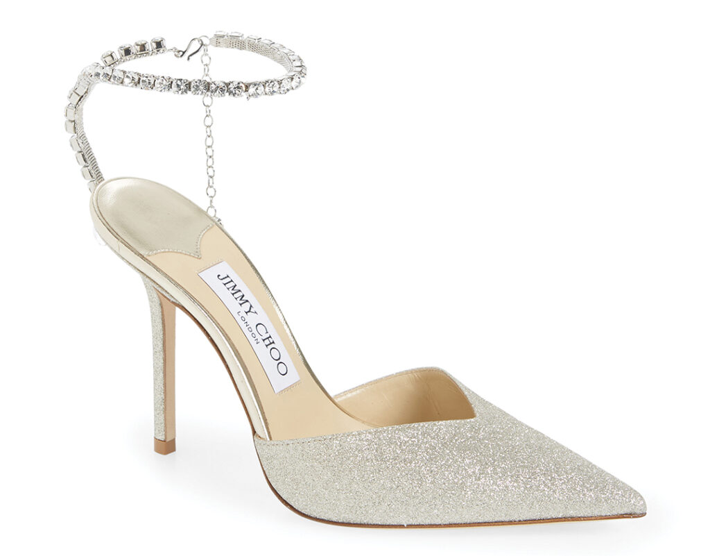 Kick up your heels in Jimmy Choo’s “Saeda” glitter crystal ankle strap pointed-toe pumps from Nordstrom