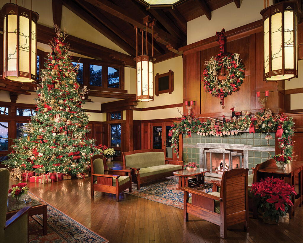 The warm timber interior of The Lodge at Torrey Pines makes it the perfect place to enjoy holiday decorations