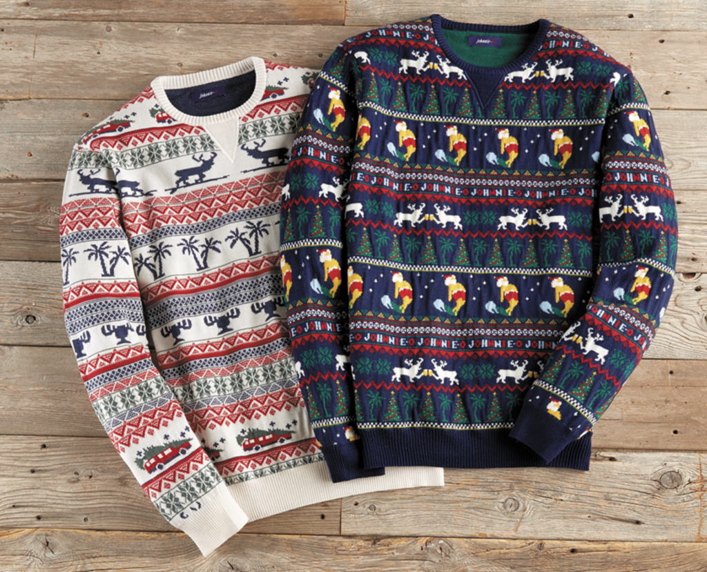 ↑ No ugly holiday sweaters here! The men’s Johnnie-O “Cheers N Beers” crewneck at Patrick James in Fower Hill Promenade is designed in a surfin’ Santa pattern while the Johnnie-O “Fun Old Fashioned Family Christmas” crewneck is a holiday classic