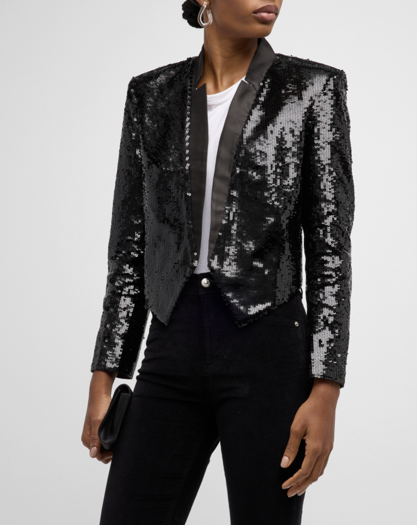 Veronica Beard’s versatile black sequin jacket can be dressed up or down depending on the occasion