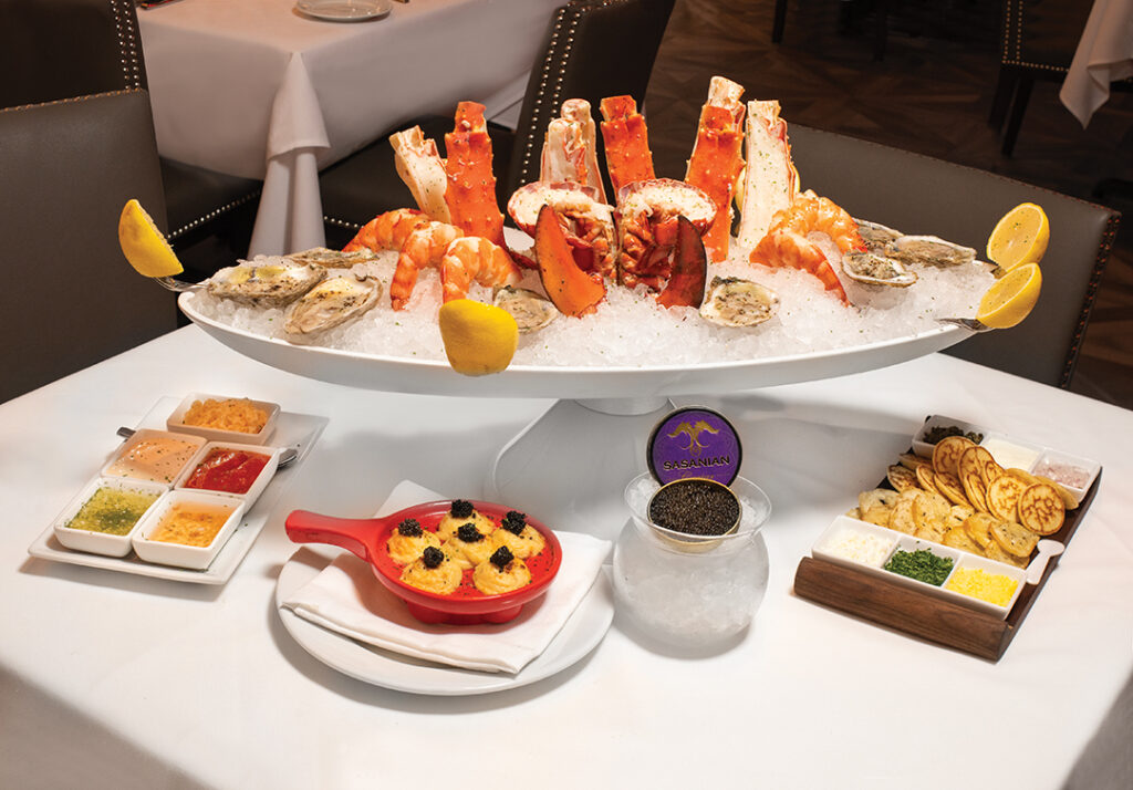 Fresh Seafood Tower with Colossal Shrimp Cocktail, Maine Lobster Tail, Iced Alaskan King Crab Legs, and Chef’s Selection of Fresh Oysters, Maine Lobster Escargot, and Pure Osetra Sturgeon Caviar