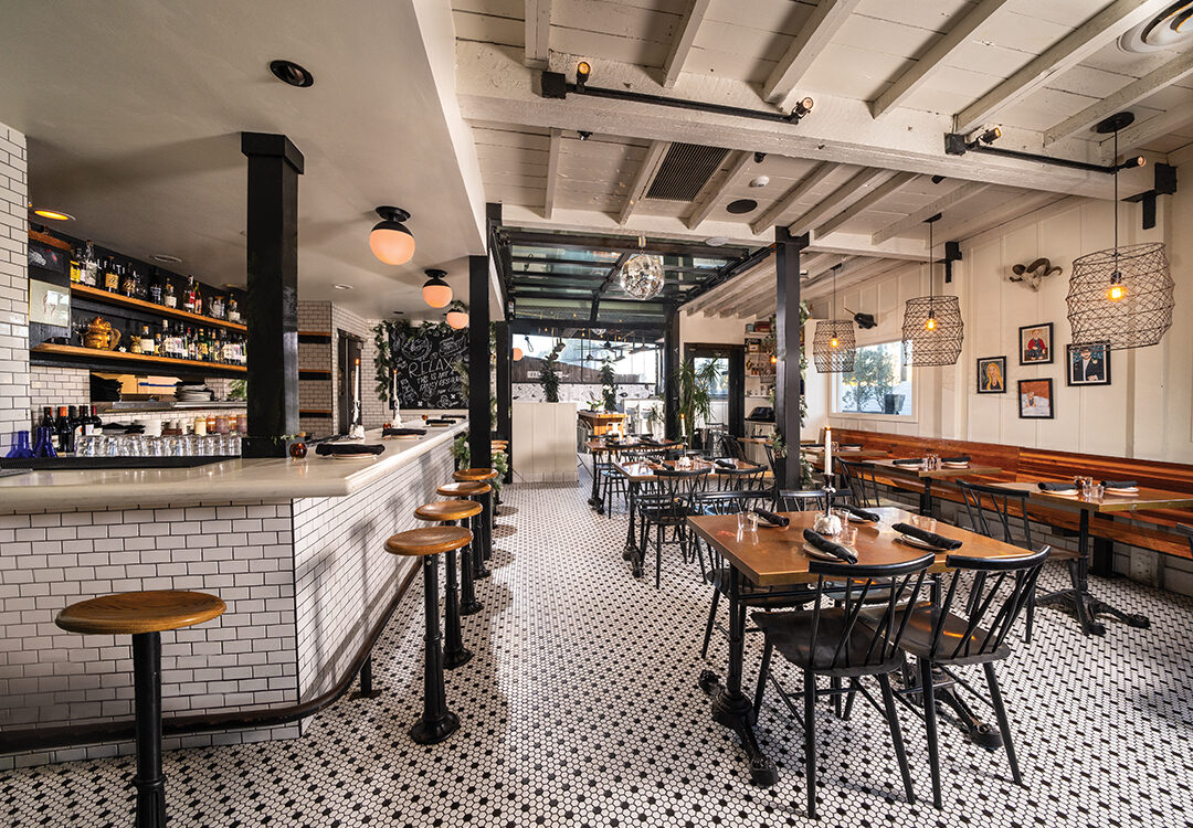 Valentina’s cozy, black-and-white environs include subway tiles along the adjoining bar and wood accents throughtout, as well as sheet-white banquettes al fresco