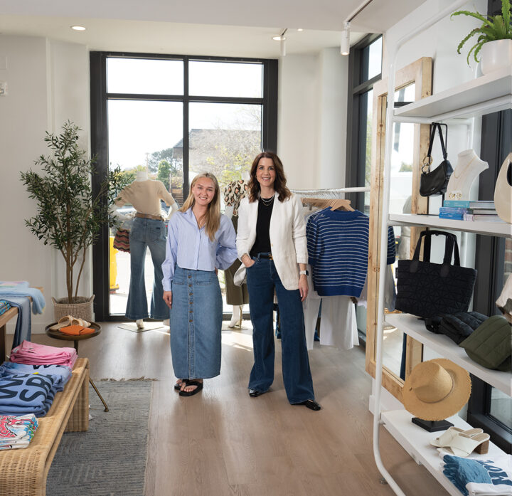 Meiselman (right) is wearing an Alex Mill “Janine” blazer, Enza Costa ribbed top, and Rag & Bone wide-leg jeans. Store manager Anastasia Lodato sports a striped shirt by Rag & Bone and a denim skirt from Rolla’s
