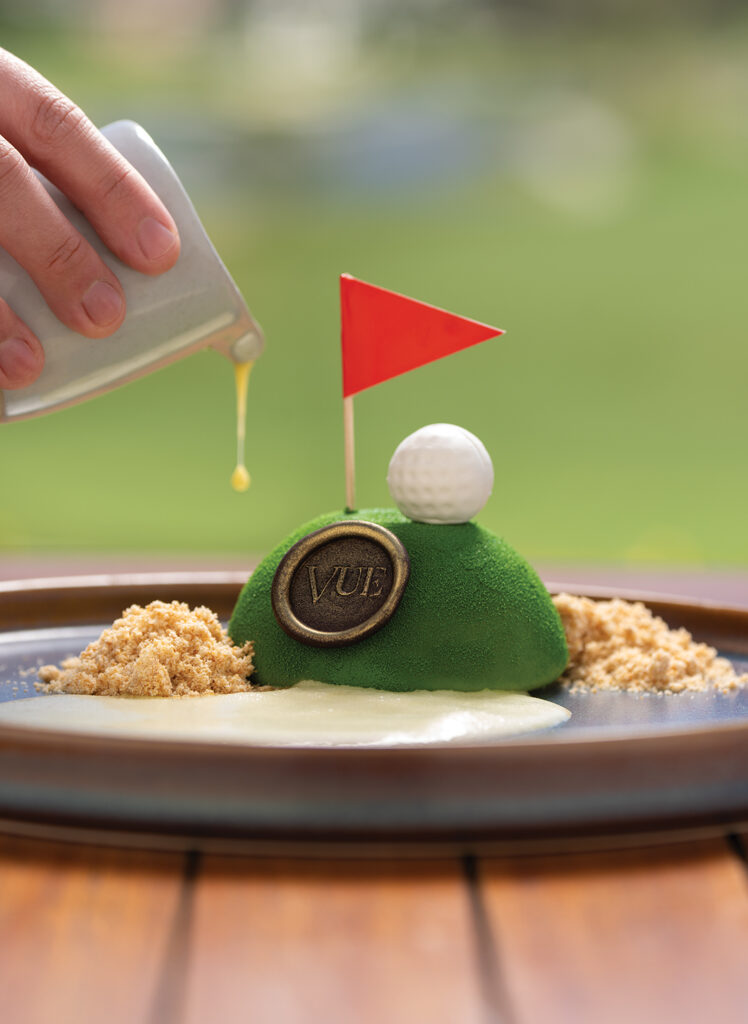 The Vue: chocolate mousse, decadent brownie, hazelnut, chocolate golf ball, citrus anglaise