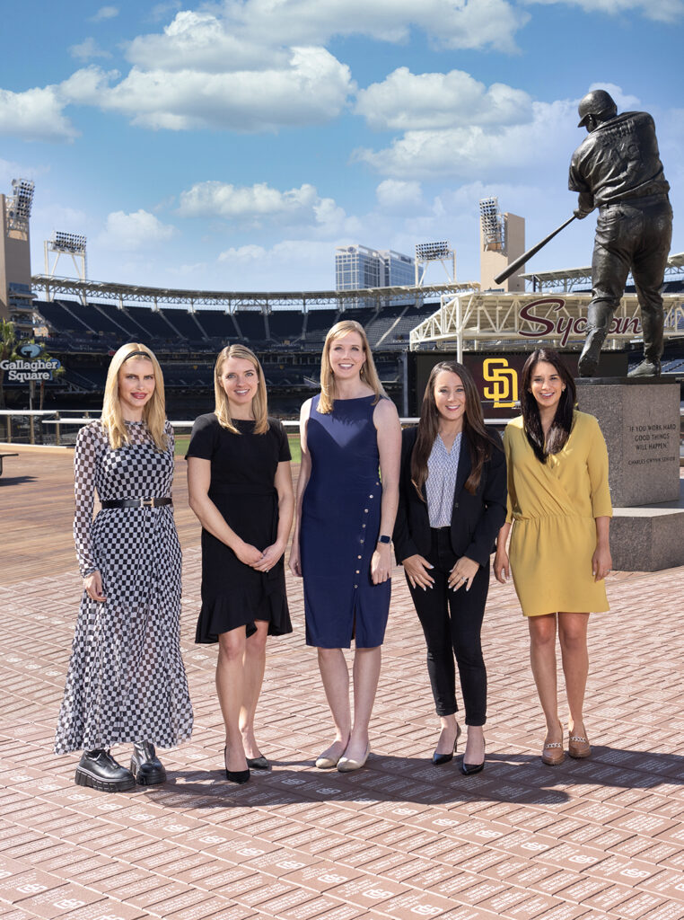 Padres executives Jaclyn Lash, SVP, Special Events; Terezka Zabka, Vice President, General Counsel; COO Caroline Perry; Sara Greenspan, SVP, People and Culture; and Diana Puetz, Vice President, Public Affairs