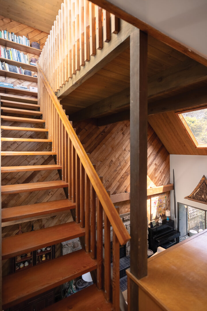 The exposed stairway provides views and graphic appeal