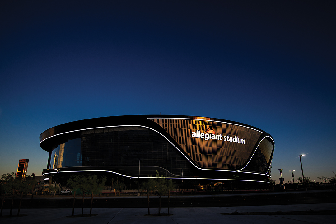 A view of Allegiant Stadium at night, Thursday, July 16, 2020, in Las Vegas, Nev.