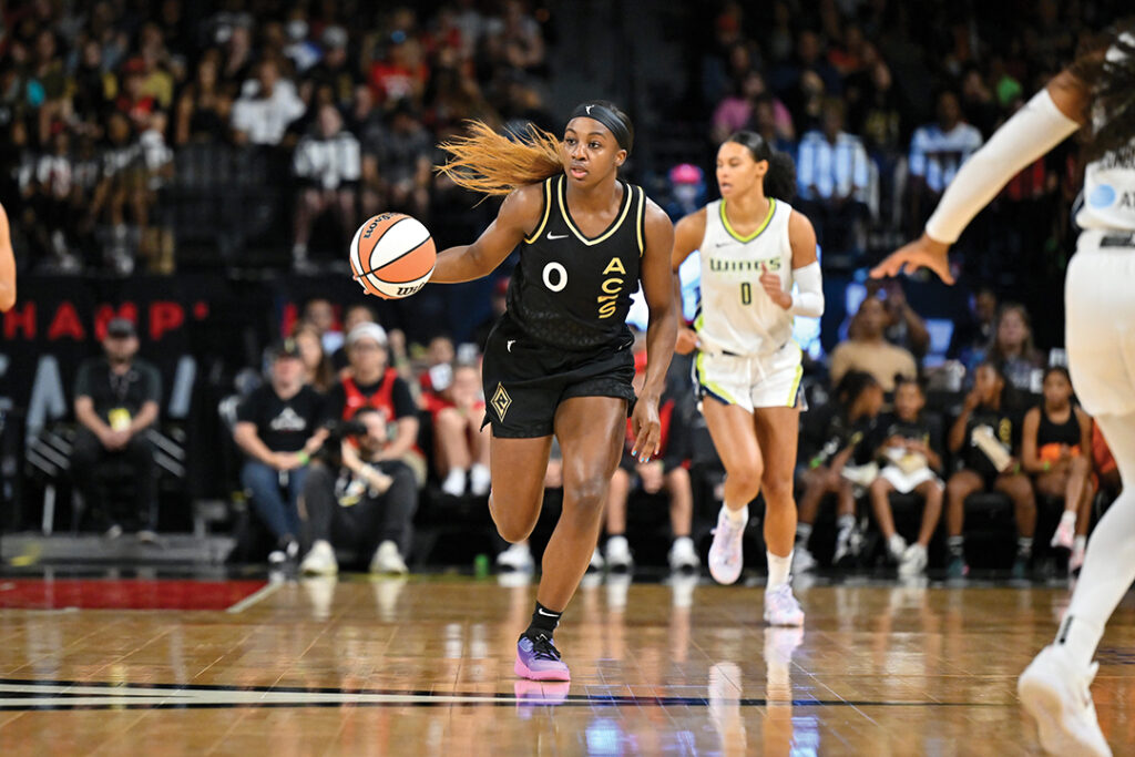 LAS VEGAS, NV - JULY 30: Jackie Young #0 of the Las Vegas Aces dribbles the ball during the game against the Dallas Wings on July 30, 2023 at Michelob ULTRA Arena in Las Vegas, Nevada. NOTE TO USER: User expressly acknowledges and agrees that, by downloading and or using this photograph, User is consenting to the terms and conditions of the Getty Images License Agreement. Mandatory Copyright Notice: Copyright 2023 NBAE (Photo by David Becker/NBAE via Getty Images)