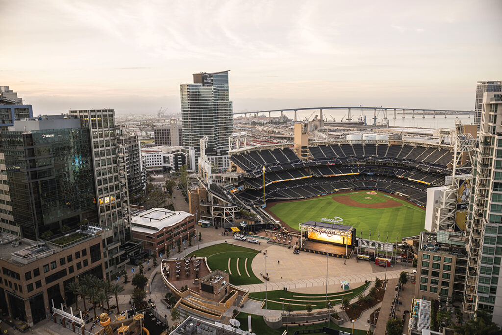 SAN DIEGO, CA - MARCH 28: The sun rises over the ballpark before the game against the San Francisco Giants on March 28, 2024 at Petco Park in San Diego, California. (Photo by Matt Thomas/San Diego Padres/Getty Images)