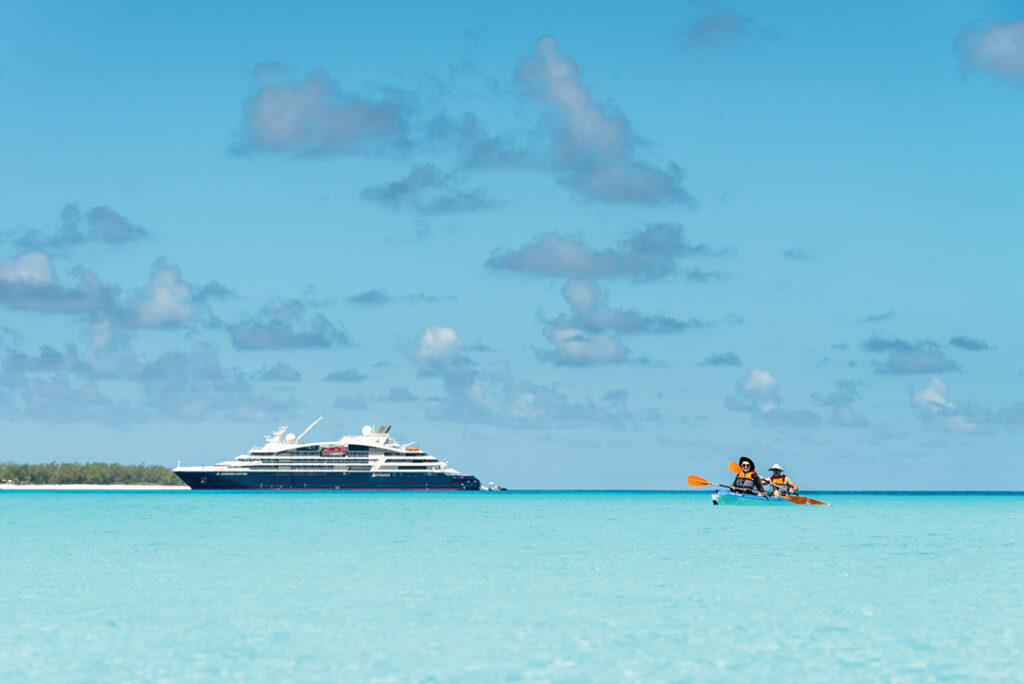 On a typical expedition ship, some of the extra equipment includes kayaks for exploring the tropical environment. Here, Ponant’s 184-passenger Le Jacques Cartier, chartered by Abercrombie & Kent, visits remote Assumption Island, an atoll in the Seychelles