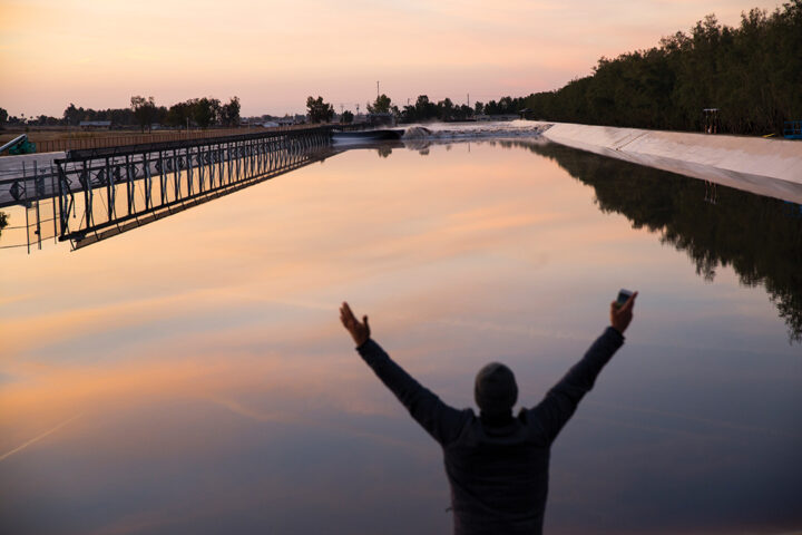 Slater celebrating after seeing the first breaking wave at Surf Ranch in 2011. The engineering feat took ten years