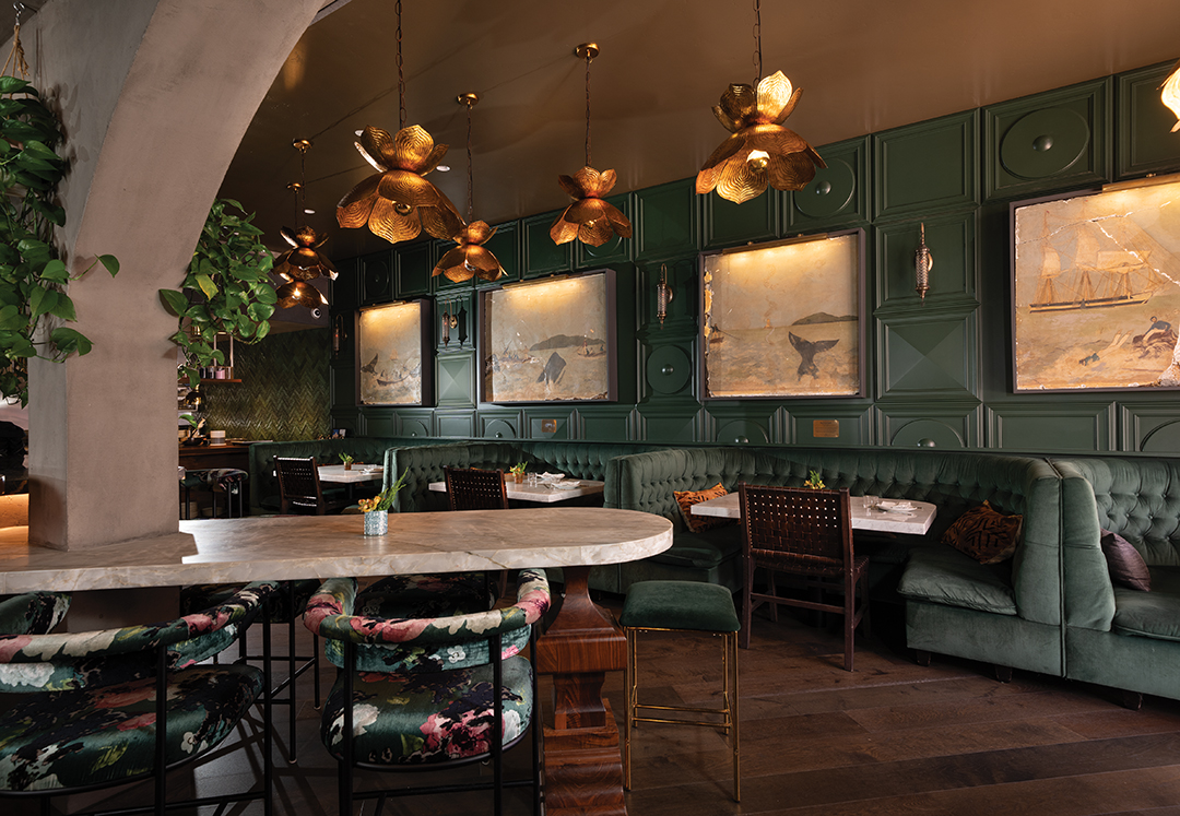 Channeling old-world charm with modern sophistication, The Whaling Bar’s second act features the beloved 20-foot Wing Howard The Whale’s Last Stand mural, preserved in four pieces