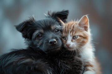 black dog and orange kitten cuddle, showing a close bond