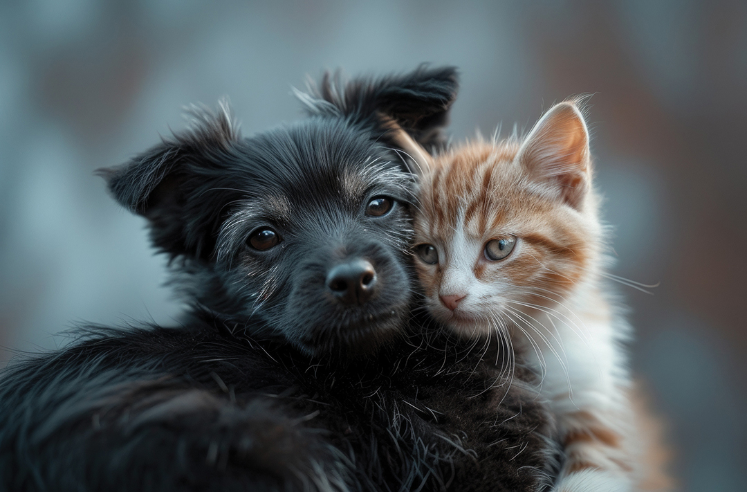 black dog and orange kitten cuddle, showing a close bond