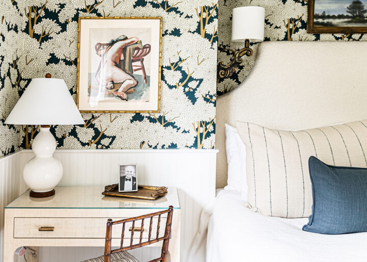 The primary bedroom features a dresser and nightstand from One Kings Lane; wallpaper from Stockend Woods; the linen duvet is from Matteo LA. The bathroom features wallpaper by Baker, Harsey and Harsey. Other bedrooms flex Mariucci’s muscle for mix-mastery and reupholstery