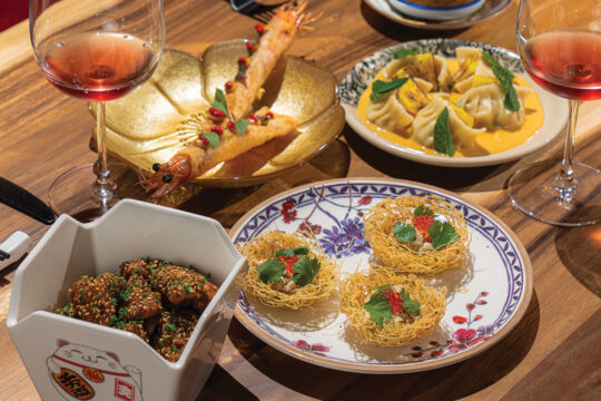 Clockwise L-R: 24 Suns’ Orange Fried Sweetbreads, Shrimp Robuchon, Jiaozi with Doubanjiang Butter, and Crispy Bird’s Nest