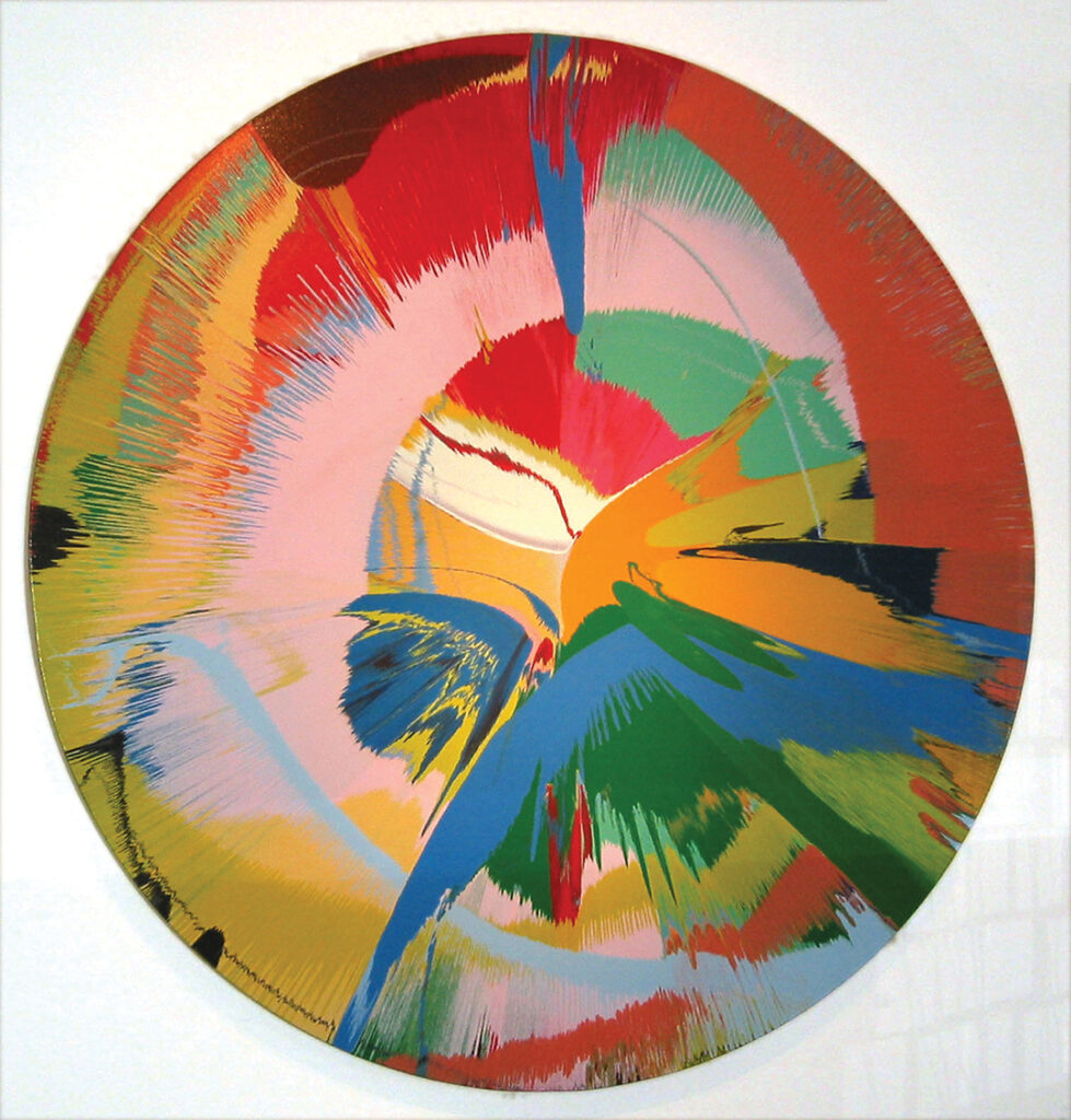 Damien Hirst, Beautiful exploding, pink buttox painting, 1996, gloss household paint on canvas, 84 in. (diam.), Collection of Strauss Family Trust