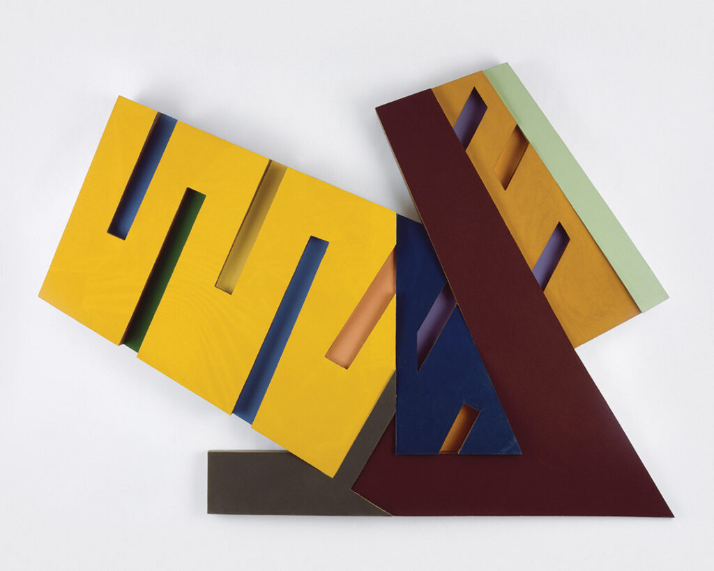 Frank Stella, Mogielnica III, 1972, paint, canvas, fabric on cardboard, 86 × 120 × 8 in. (218.4 × 304.8 × 20.3 cm), Collection of Strauss Family Trust