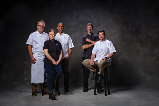 Pictured L-R: Chefs Drew Deckman, Kelli Crosson, Jason Knibb, Carl Schroeder, and Travis Swikard